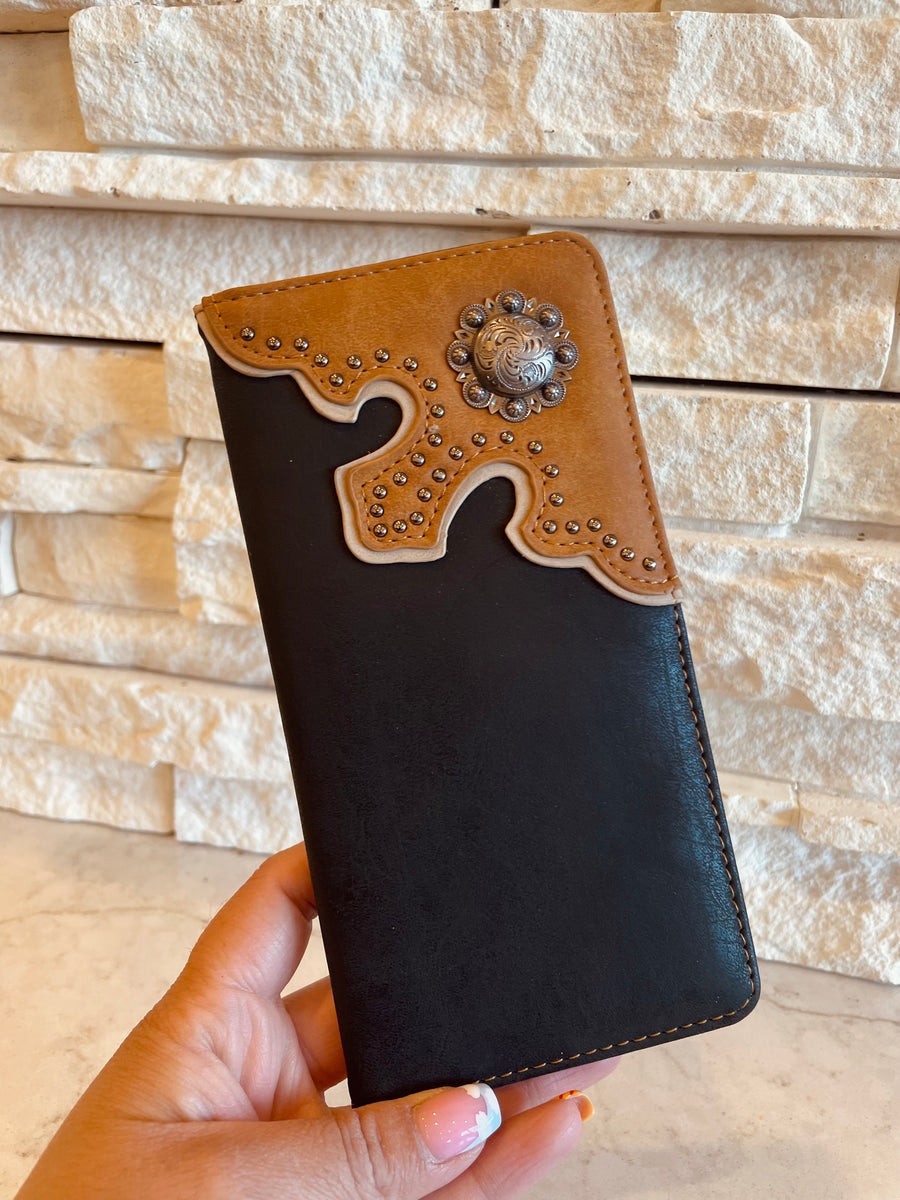 Antique Silver Berry Concho Men's Bifold Long Leather Wallet – U