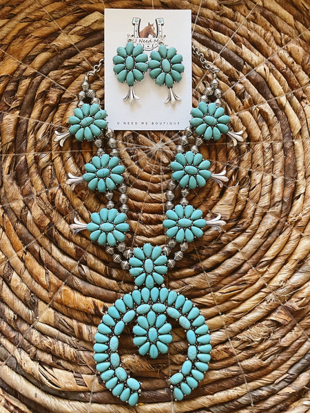 Turquoise/Silvertone Squash Blossom Necklace and Earring Set