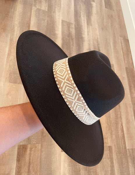 Wide Brim Felt Hat with Aztec Pattern Band