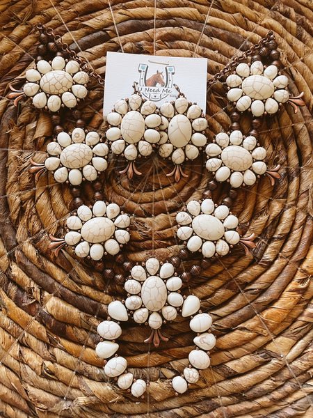 White Stone/Coppertone Squash Blossom Necklace and Earring Set