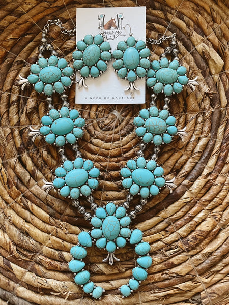 Turquoise/Silvertone Squash Blossom Necklace and Earring Set