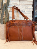 Brown Tooled Fringed Tote Bag - Montana West